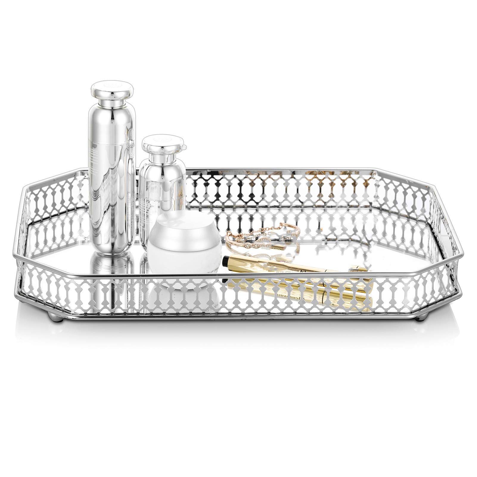Nuptio Metal Mirrored Ornate Decorative Tray, Silver Rectangle Candle Holder, Wedding Snake Cupcake Tray, Table Storage Tray, Multifunctinal Dish Plate, Fruit Trays, Cosmetics Jewelry Organizer Tray