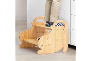 COSYLAND Kids Step Stool with Handle - Height Adjustable 2 Step Stool for Toddlers - Stable Wooden Nursery Step Stool for Toilet Potty Training, Bathroom, Kitchen Easy to Clean (Natural)