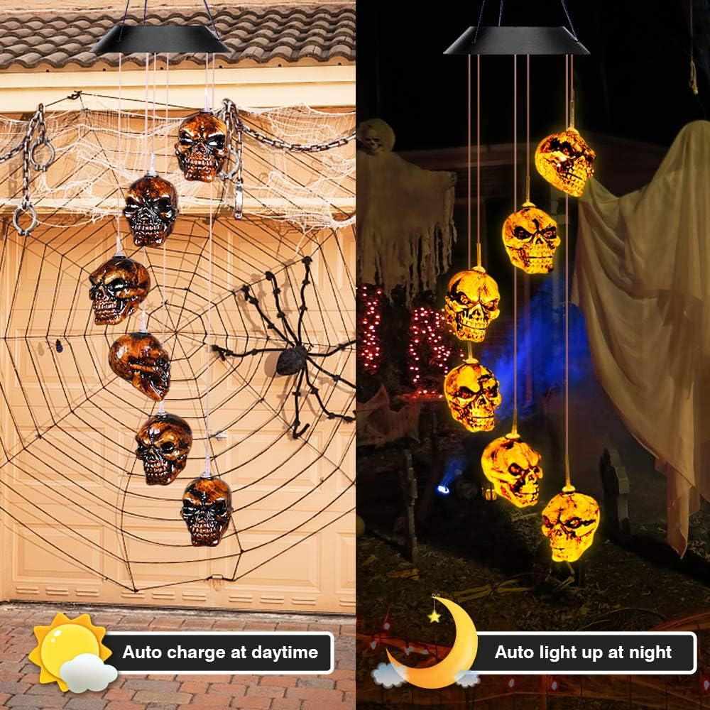 Halloween-Decorations-Outdoor-Lights, Solar Powered Skeleton Wind Chime Lights with 6 LED, Waterproof Solar Halloween Lights Decorations for Outdoor Halloween, Party, Christmas (Skeleton Decor ) : Garden & Outdoor