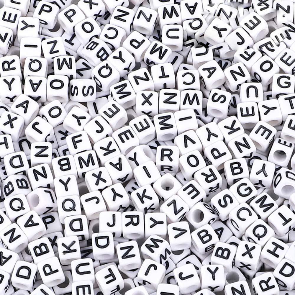 Quefe 600 Pieces Letter Beads White Acrylic Alphabet"A-Z" Cube Beads for Jewelry Making, Necklaces, Bracelets, Key Chains and Hair Braids (6mm)