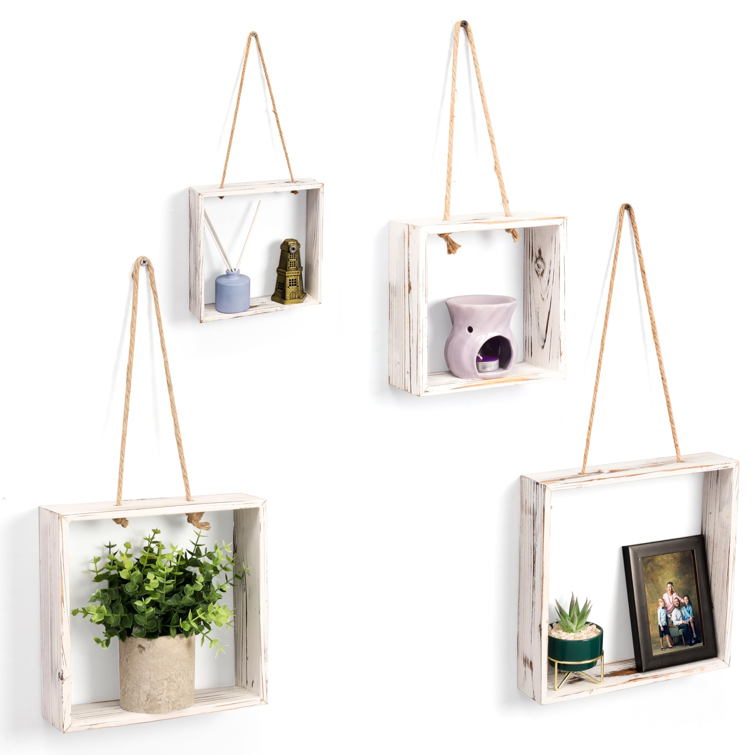 BELLE VOUS 4 Pack of Wooden Floating Wall Mounted Shelves - 4 Sizes - Square Hanging Shelves - Cube Display Shelves for Living Room, Bedroom, Kitchen, Bathroom & Home Decor