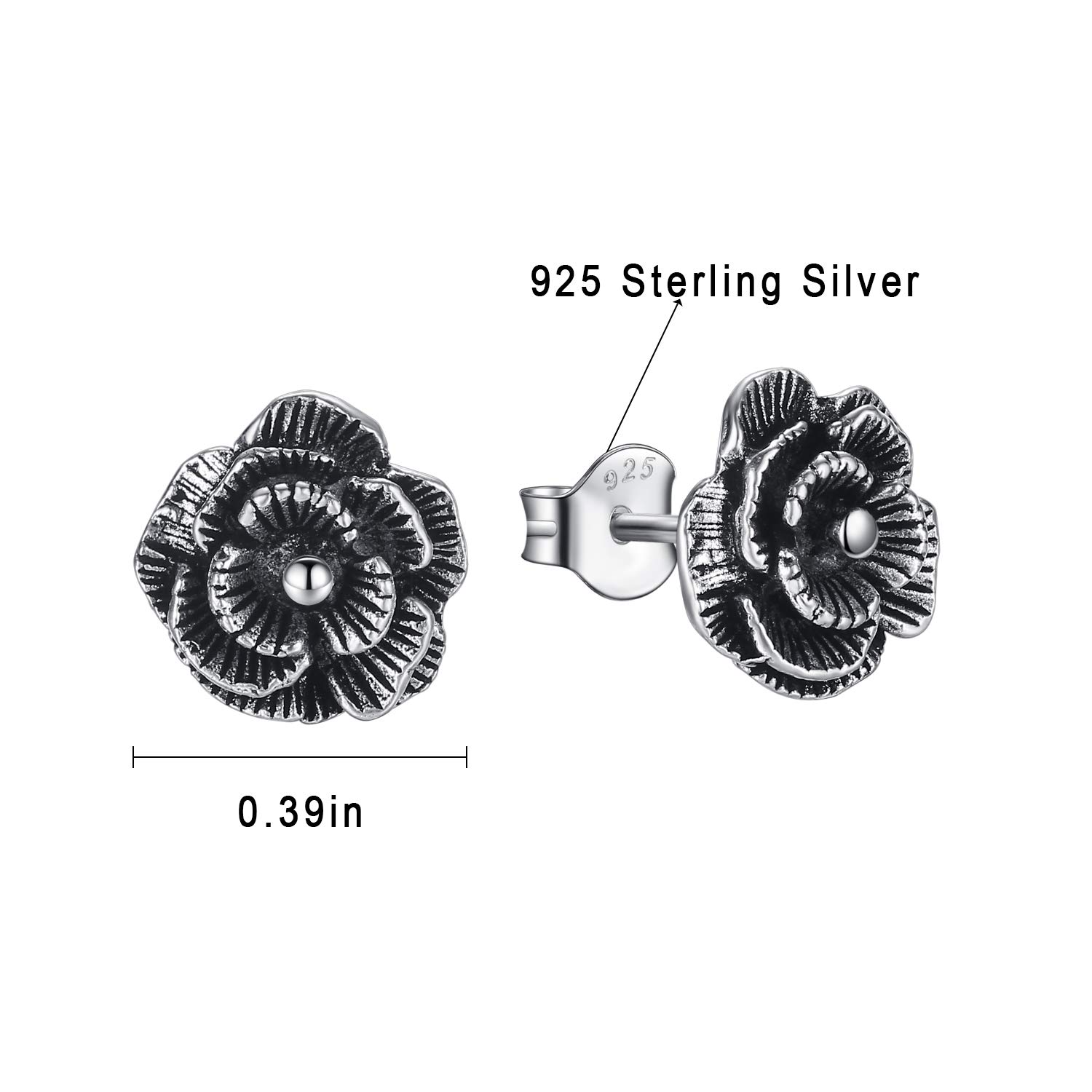 Women\'s Black Rose Stud Sterling Silver Earrings