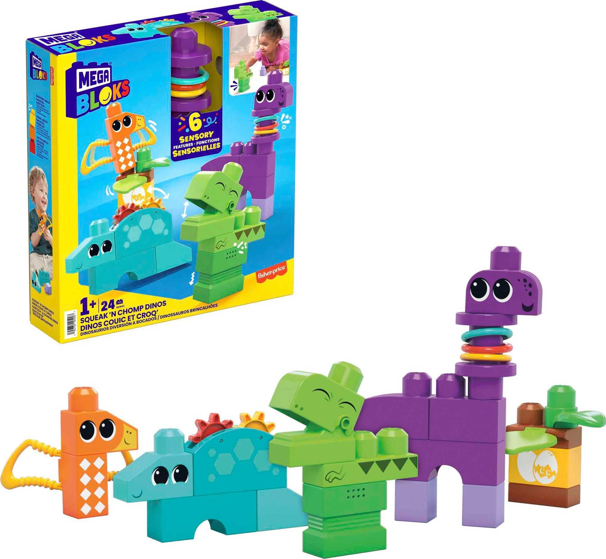 MEGA BLOKS Fisher-Price Sensory Building Toy, Squeak n Chomp Dinos with 24 Pieces, T-Rex, Toddler Blocks Gift Ideas for Kids Age 1+ Years, HKN43