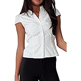 Seyumixi Y2k Button Up Shirt Women Short Sleeve V Neck Cropped Blouse Slim Fitted Collared Top Cute Preppy Coquette Tops