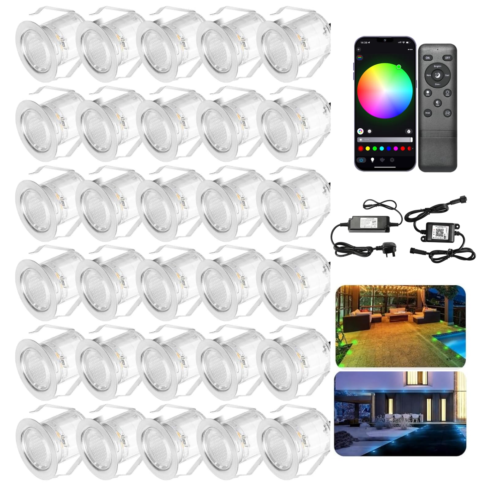 INDARUN RGB WiFi Led Decking Lights Waterproof IP67 Ø30MM - Led Plinth Lights for Terrace/Patio/Path/Wall/Garden/Decoration, 30 Packs