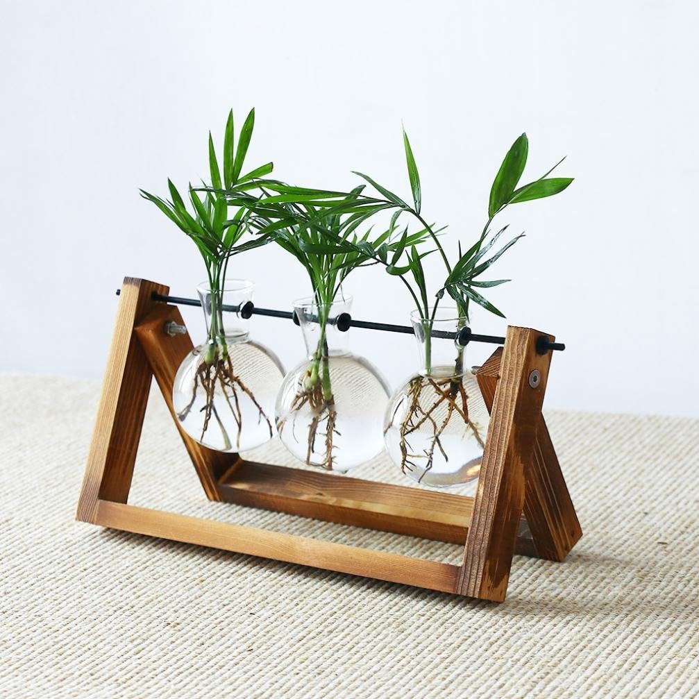 Kehome Scindapsus Container By, Desktop Glass Planter Bulb Vase With Retro Solid Wooden Stand And Metal Swivel Holder For Hydroponics Plants Home Garden Wedding Decor (3 Bulb Vase)
