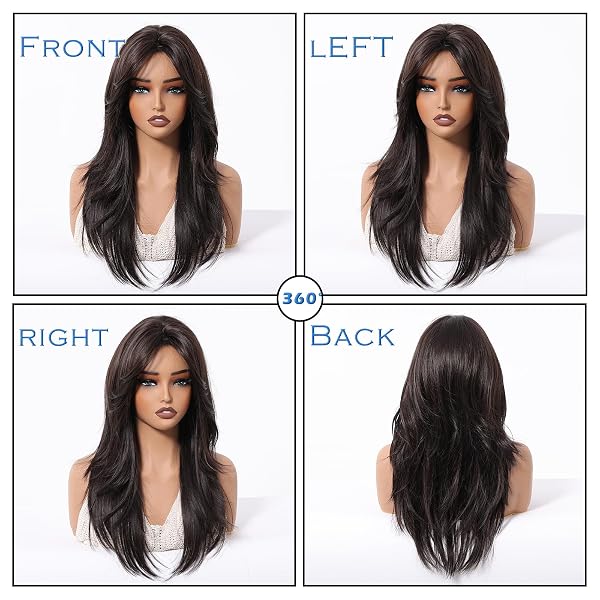 LONG STRAIGHT BROWN WIG WITH BANGS BROWN LAYERED WIG FOR WHITE WOMEN 22 INCHES BRUNETTE WIGS FOR BLACK WOMEN MEDIUM LENGTH WIGS SYNTHETIC NATURAL LOOKING HAIR REPLACEMENT WIGS FOR DAILY PARTY USE