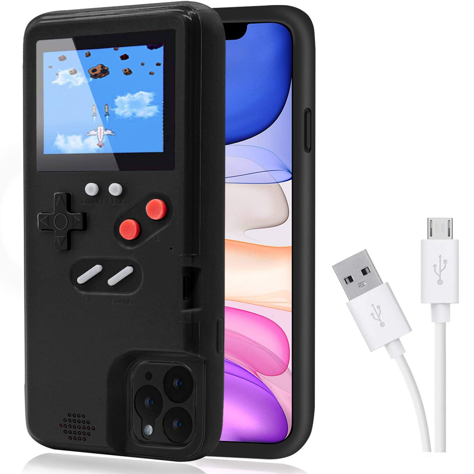 DIKKAR Game Console Case for iPhone, Retro Protective Cover Self-Powered Case with 36 Small Games,Full Color Display,Video Game Case for iPhone 11 Pro (Black)