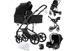 SUTTONBEBE 3 in 1 Baby Travel System Reversible Baby Stroller Pushchair Portable Baby Standard Pram Buggy Baby Carriage Foldable Luxury Baby High Landscape Pram for Toddler Newborn (MG588-Black Without Base)