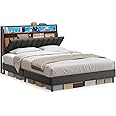 VASAGLE LED Bed Frame Queen Size, Storage Headboard and Charging Station, Queen Bed Frame with 2 AC Outlets, 1 USB Port, 1 Type-C Port, No Box Spring Needed, Ink Black and Rustic Brown URMB841B01