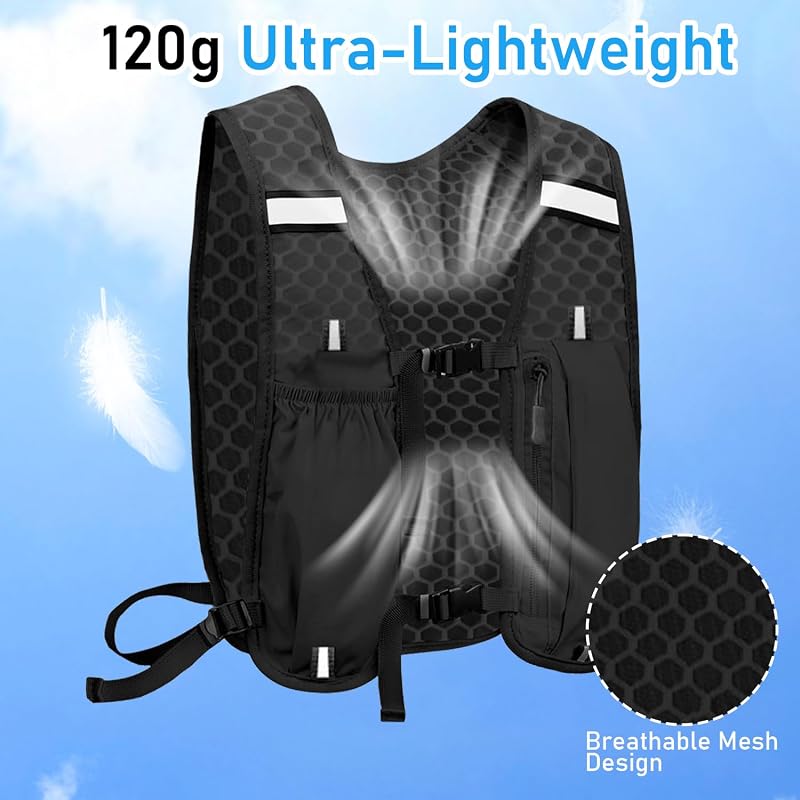 Chaleco de Running Unisex con Mochila, Ajustable, Ligero y Transpirable, Diseño con Espacio de Almacenamiento y Bandas Reflectantes, para Maratón, Jogging, Ciclismo, Trail Running