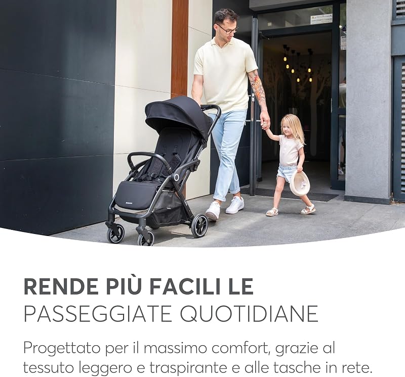 KikkaBoo Passeggino Leggero fino a 22 kg CIELA, Piegatura Automatica, Schienale Reclinabile, da Viaggio, Misura Bagaglio a Mano, Nero