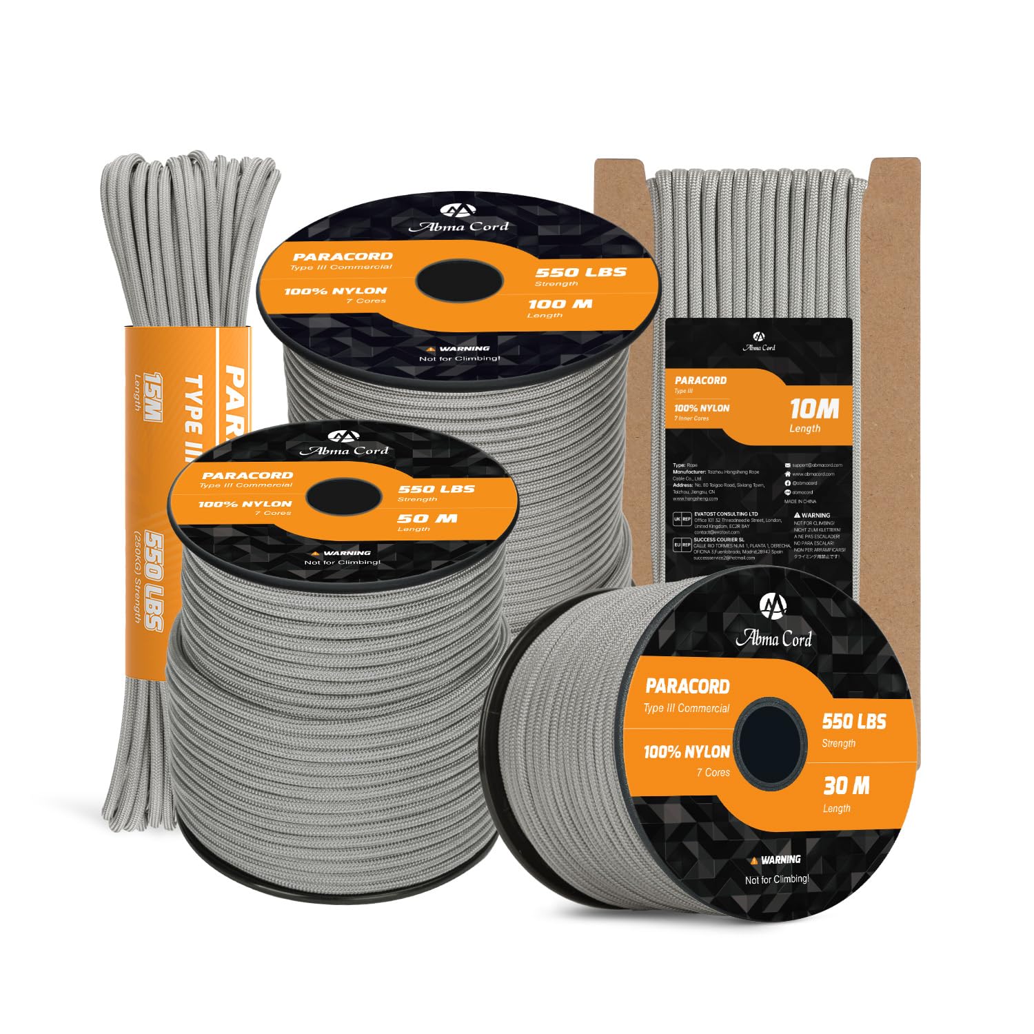 Abma Cord Paracord 550 4mm 50m 100% Nylon Rope Type III 7 Strands Parachute Cord for DIY, Camping, Survival, Outdoor - Max. 250kg - Grey