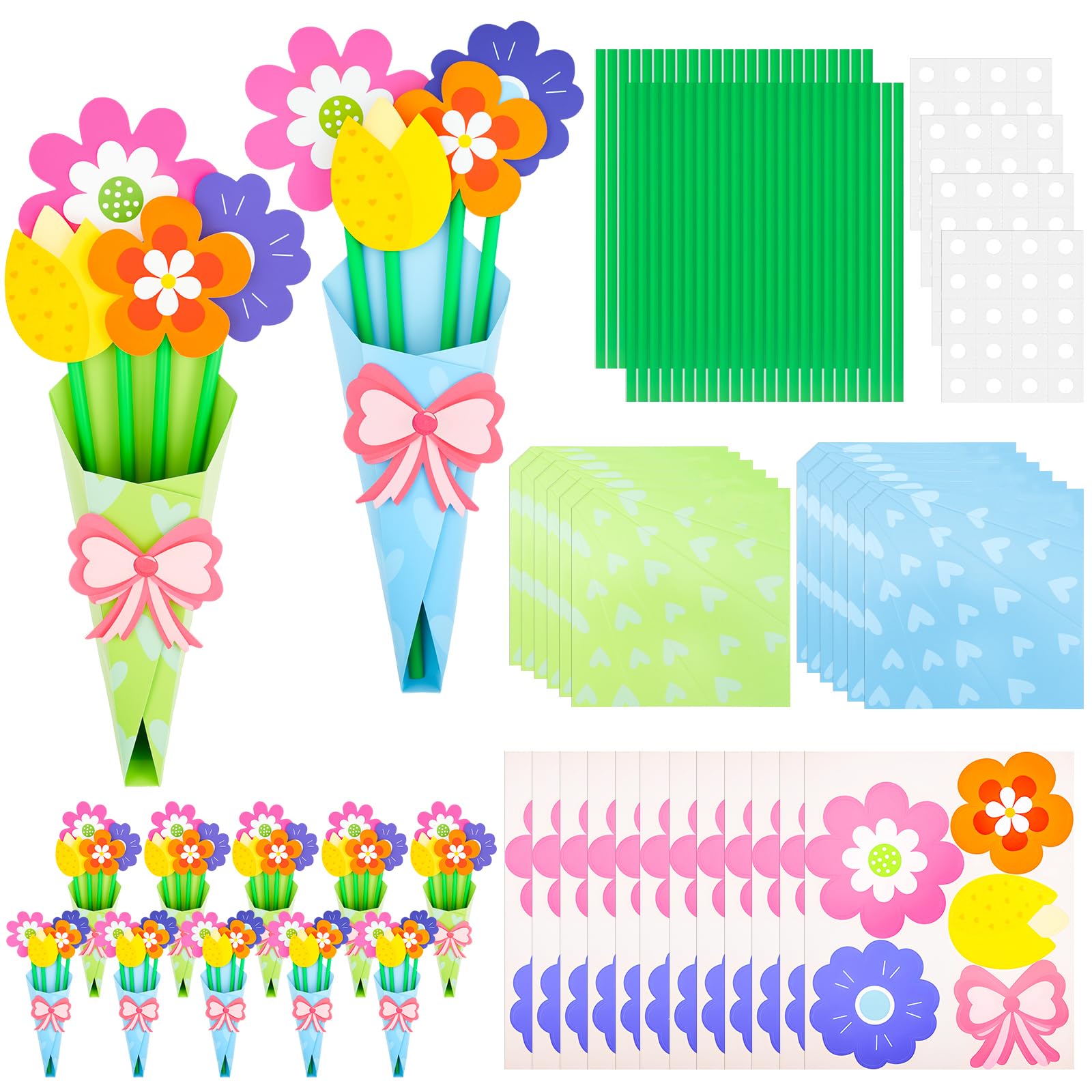 GLGHMH 12 Pcs DIY Flower Bouquet Craft Kit with Paper Flowers,Kraft Wrap,Ribbon Stems,Paper Flower Making Set for Mother’s Day,Teacher Thank You,Birthday Seasonal Gift Projects (Bluegreen)