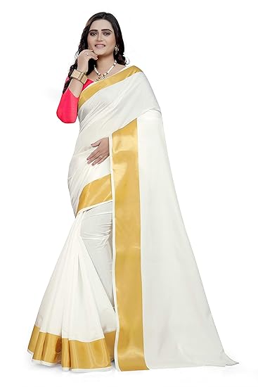 Kerala Kasavu with Blouse Piece Saree (NK278snchcrpink_ white_ Free Size)