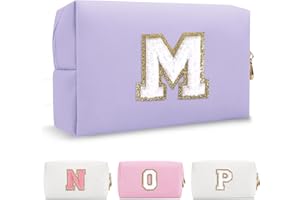CHAOGREAT Personalized Makeup Bag Initial A-Z Preppy Patch Bag,Small PU Leather Travel Cosmetic Bag Pouch with Zipper,Purple Cute Toiletry Bag,Gift Ideal for Teen Girls Women Birthday Friend Mom,Latter M