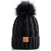 PAGE ONE Womens Winter Ribbed Beanie Crossed Cap Chunky Cable Knit Pompom Soft Warm Hat