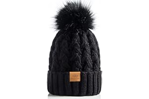 PAGE ONE Womens Winter Ribbed Beanie Crossed Cap Chunky Cable Knit Pompom Soft Warm Hat