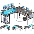 Unikito L Shaped Computer Desk with Magic Power Outlets and Smart LED Light, Reversible 55 Inch Corner Office Desk with Monitor Stand, Unique Grid Design, Gaming Table with Storage, Black Oak