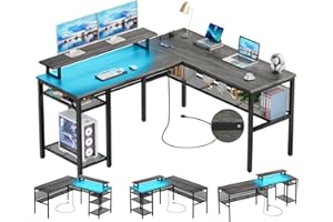 Unikito L Shaped Computer Desk with Magic Power Outlets and Smart LED Light, Reversible 55 Inch Corner Office Desk with Monitor Stand, Unique Grid Design, Gaming Table with Storage, Black Oak