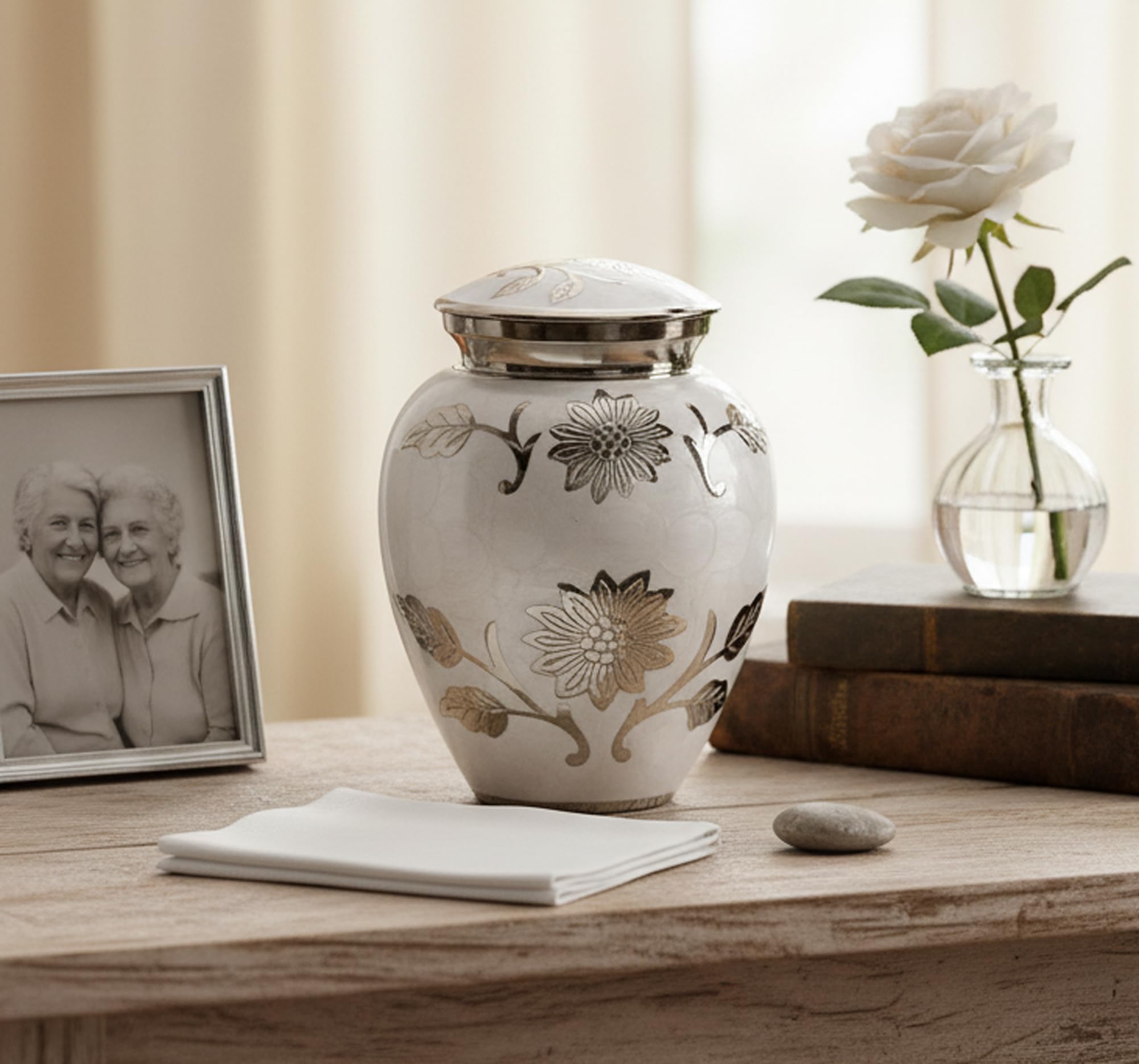 eSplanade Cremation Urn Memorial Container Jar Pot | Metal Burial Urns | Keepsake for Ashes | Brass - White - 6" Inches (Medium)