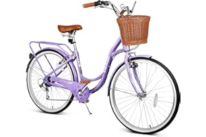 kaiwrxin 26 Inch Beach Cruiser Bike for Ladies, 7-Speed Women Bike for Adults with Basket & Rack, City Bicycle for Commuting, Step Through City Bikes for Woman Adults Ladies