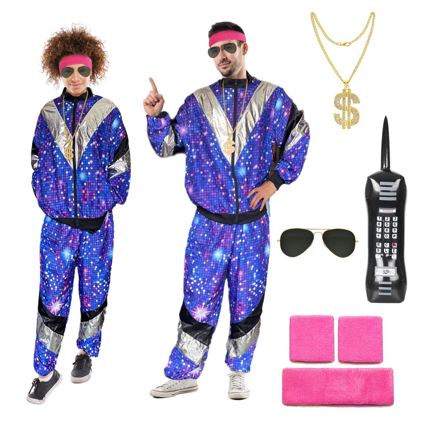 Fancyset 80s Shell Suit Fancy Dress Women Man Retro Tracksuit 80s Disco Outfit Costume Halloween Costume for Adults — image 1