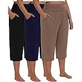 Neer 3 Pack Women's Plus Size Cotton Capri Pants High Waisted Wide Leg Loose Lounge Yoga Cropped Sweatpants with Pockets