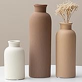 Modern Ceramic Vase Set, Earth Tone Natural Color Ribbed Matte Design, 3-Piece Decorative Vases for Home, Living Room, Office (Coffee Mix)