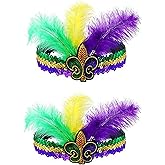 LKQBBSZ Mardi Gras Feather Headband, Sequin Headband for New Orleans Masquerade Mask Party Faux Feather Fascinators Feather Headband Cocktail Headwear