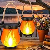 2 Pack Solar Flame Lantern Lights — Flickering Flame Hanging Lanterns Outdoor, Waterproof Garden Lights with 2 Modes Dual Charging USB & Solar Yard, Patio Decor