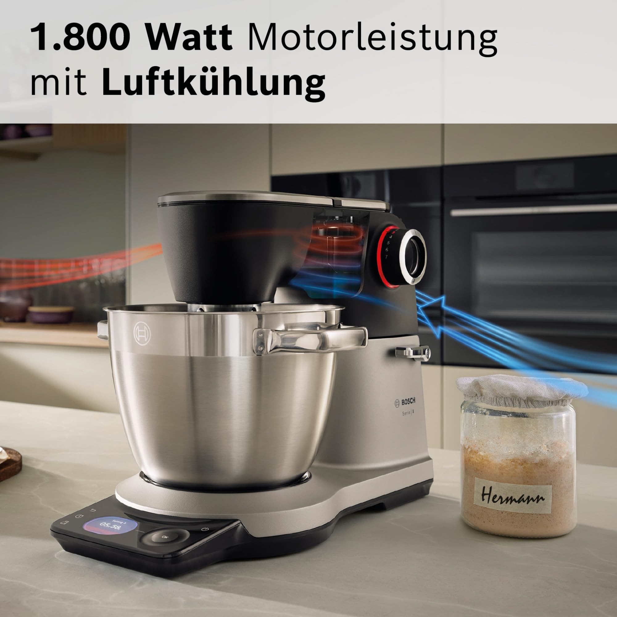 Bosch Küchenmaschine Serie 8, NEU, 9 Automatikprogramme, Waage, Timer, 7 Stufen, 6l Edelstahl-Schüssel, Knethaken, Rührbesen, Silikonbesen, spülmaschinenfest, 1.800 W, MUMS8ZS00 3