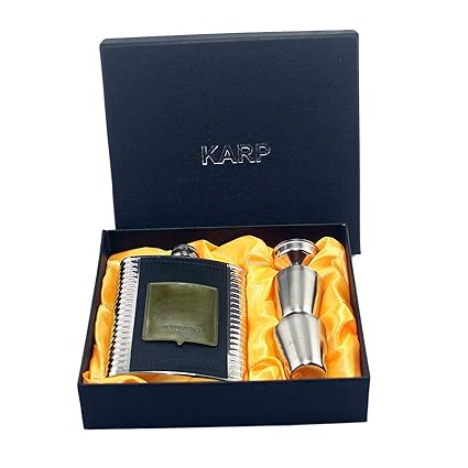 Karp 8oz PU Leather Wrapped Stainless Steel 304 Liquor Hip Flask/Alcoholic Beverage Holder- 4 Shot Glass / 1 Funnel Set-Style 6