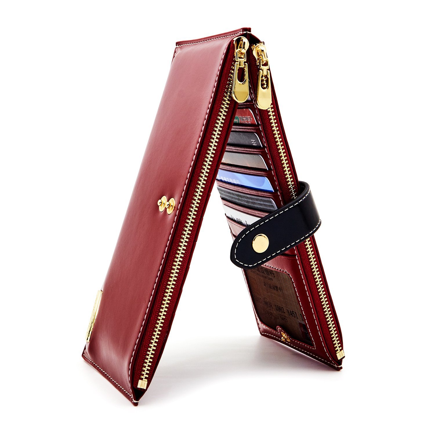 ANDOILT Women's Genuine Leather Wallet RFID Blocking Credit Card Holder Zipper Purse Cell Phone Handbag red(Size: one size)