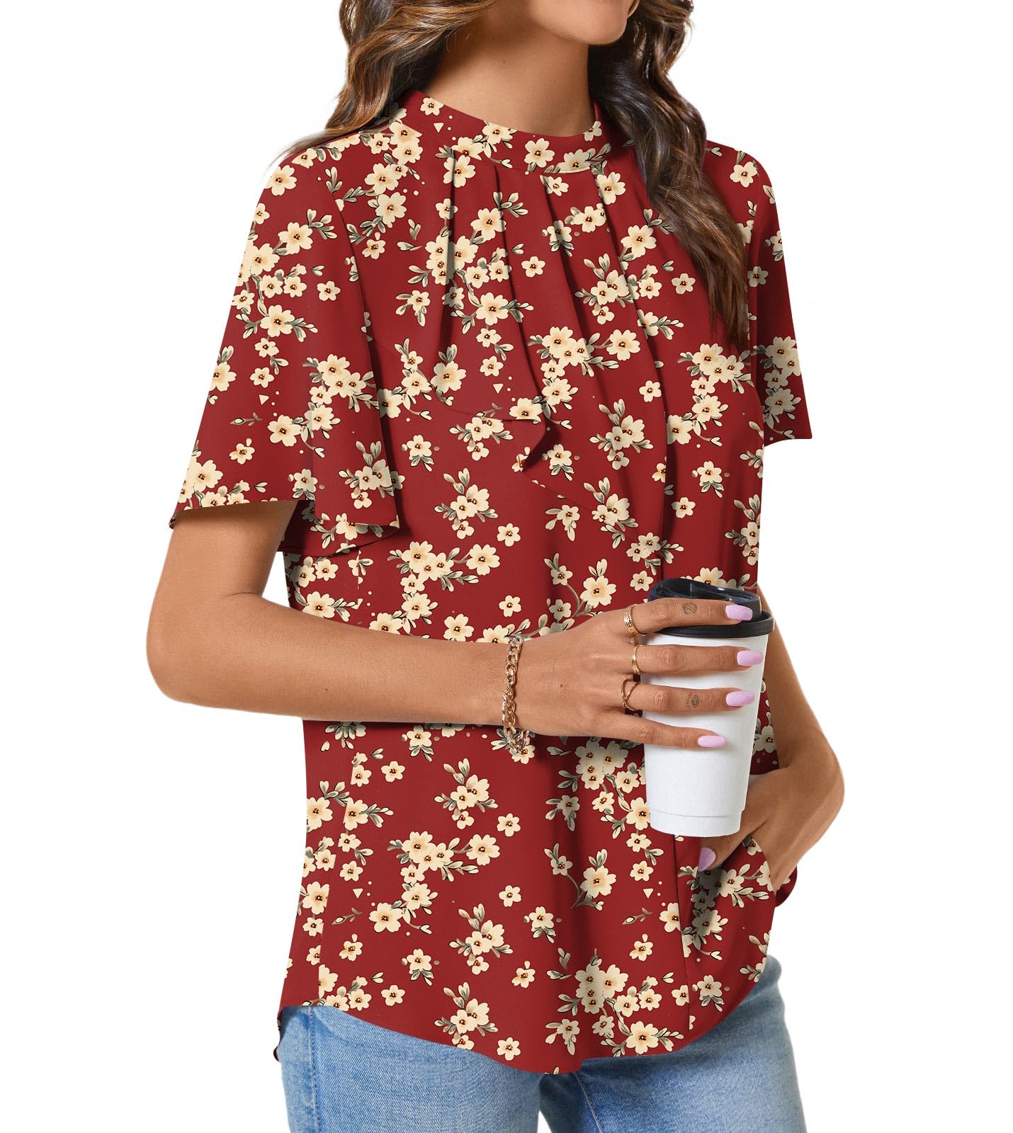 Photo 1 of BISHUIGE Womens Summer Chiffon Tunic Top Casual Loose Fit Pleated Flare Sleeves T-shirt with Stand Collar, XXL, Crimson Impatien