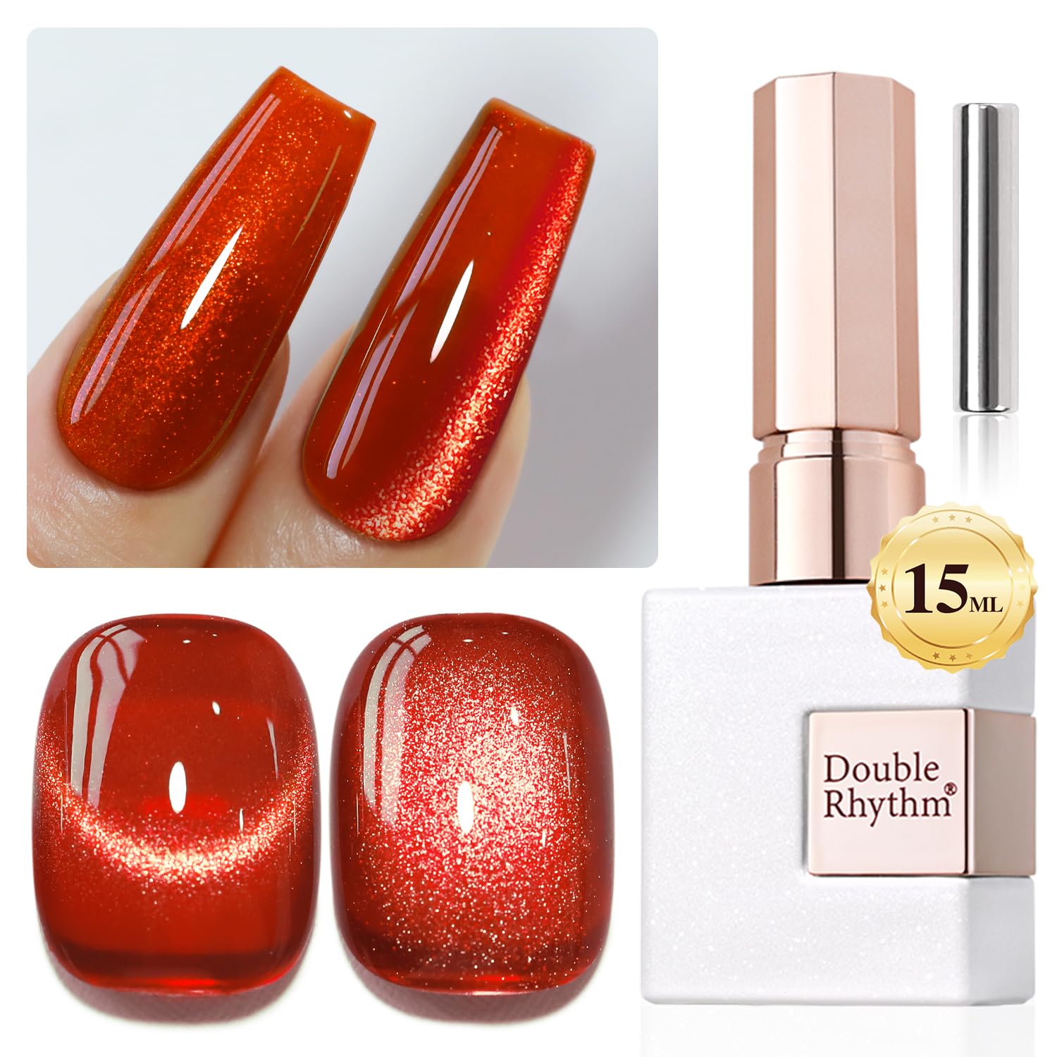 Photo 1 of Double Rhythm 0.5 OZ Cat Eye Gel Polish with Magnet 15ML Holographic Glitter Shimmer Translucent Jelly Color Magnetic Nail Polish Salon DIY at Home (Red-MC1055)