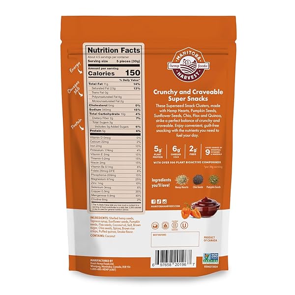 MANITOBA HARVEST SUPERSEED SNACK CLUSTERS, SMOKY BBQ – 4.6OZ – 5G PLANT PROTEIN, 2G FIBER, 5G OMEGA 3 & 6 PER 30G SERVING – EASY 6-IN-1 SUPER SEEDS SNACKS – VEGAN, NON-GMO PROJECT VERIFIED