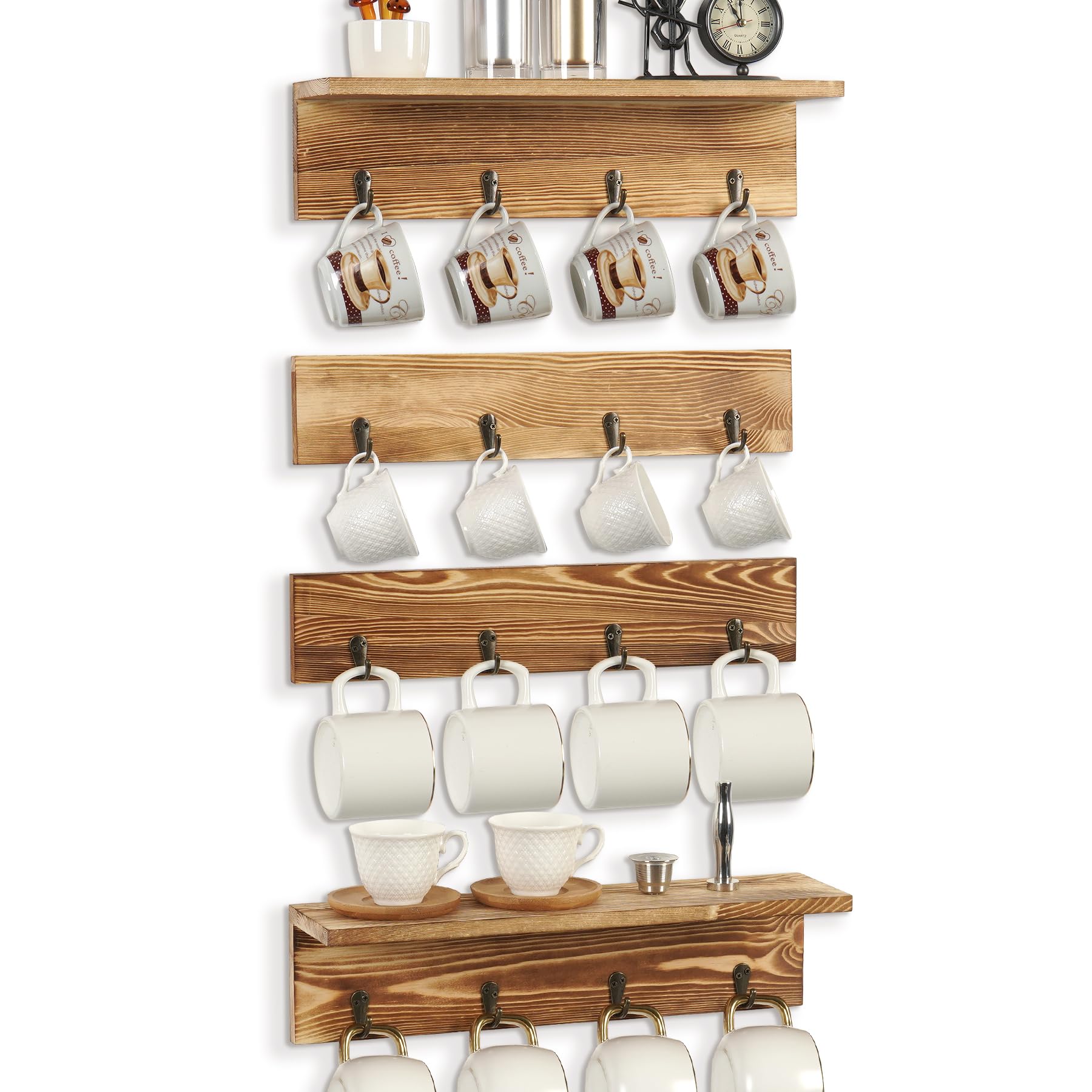 JUJOYBD Rustic Cup Holder for the Wall, Hanging Cup Shelf 16 Hooks for Coffee Mugs, Set of 4, Made of Wood, Ideal for Kitchen, Breakroom & Hallway