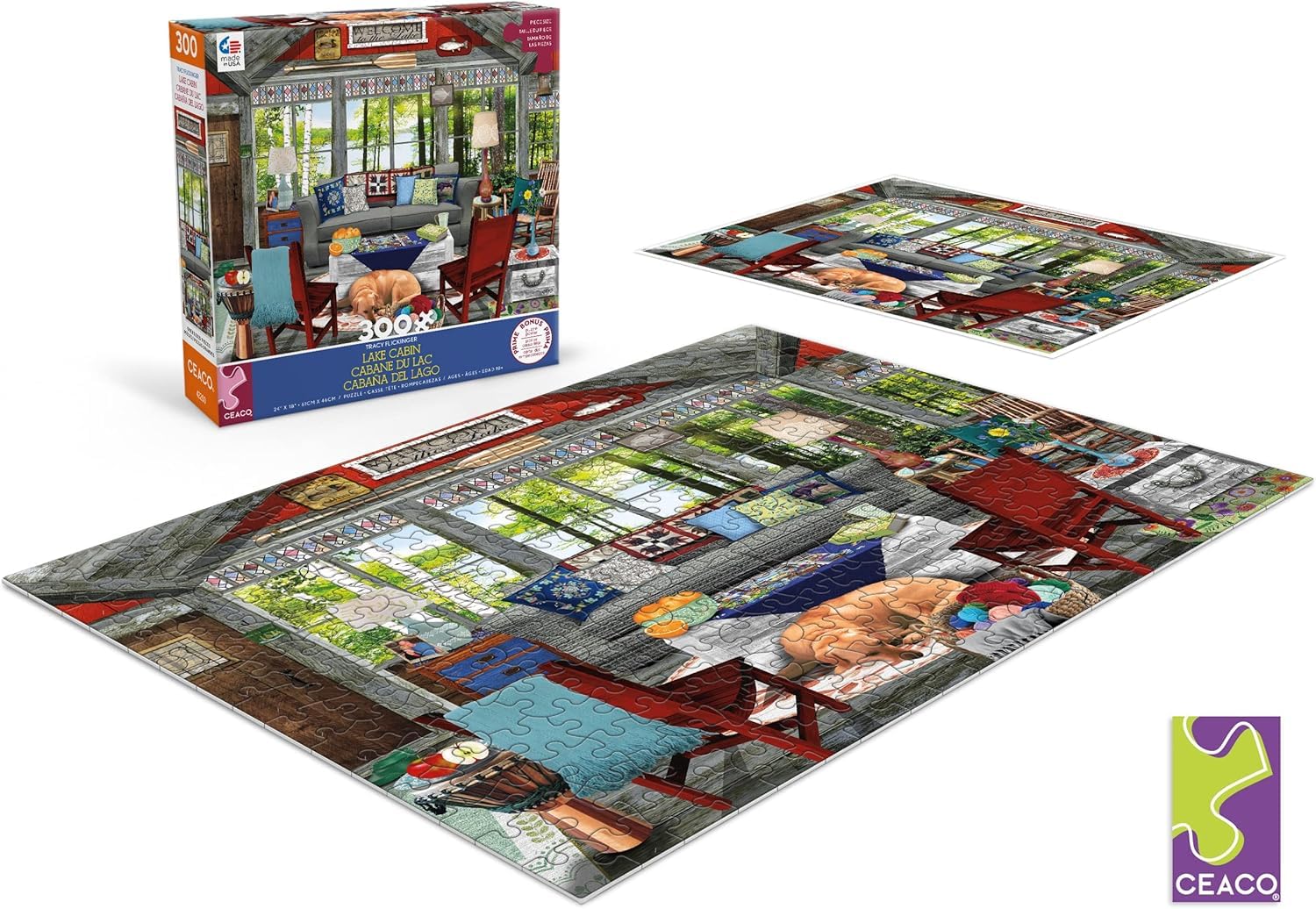 Ceaco - Tracy Flickinger - Lake Cabin - Oversized 300 Piece Jigsaw Puzzle, 24 x 18