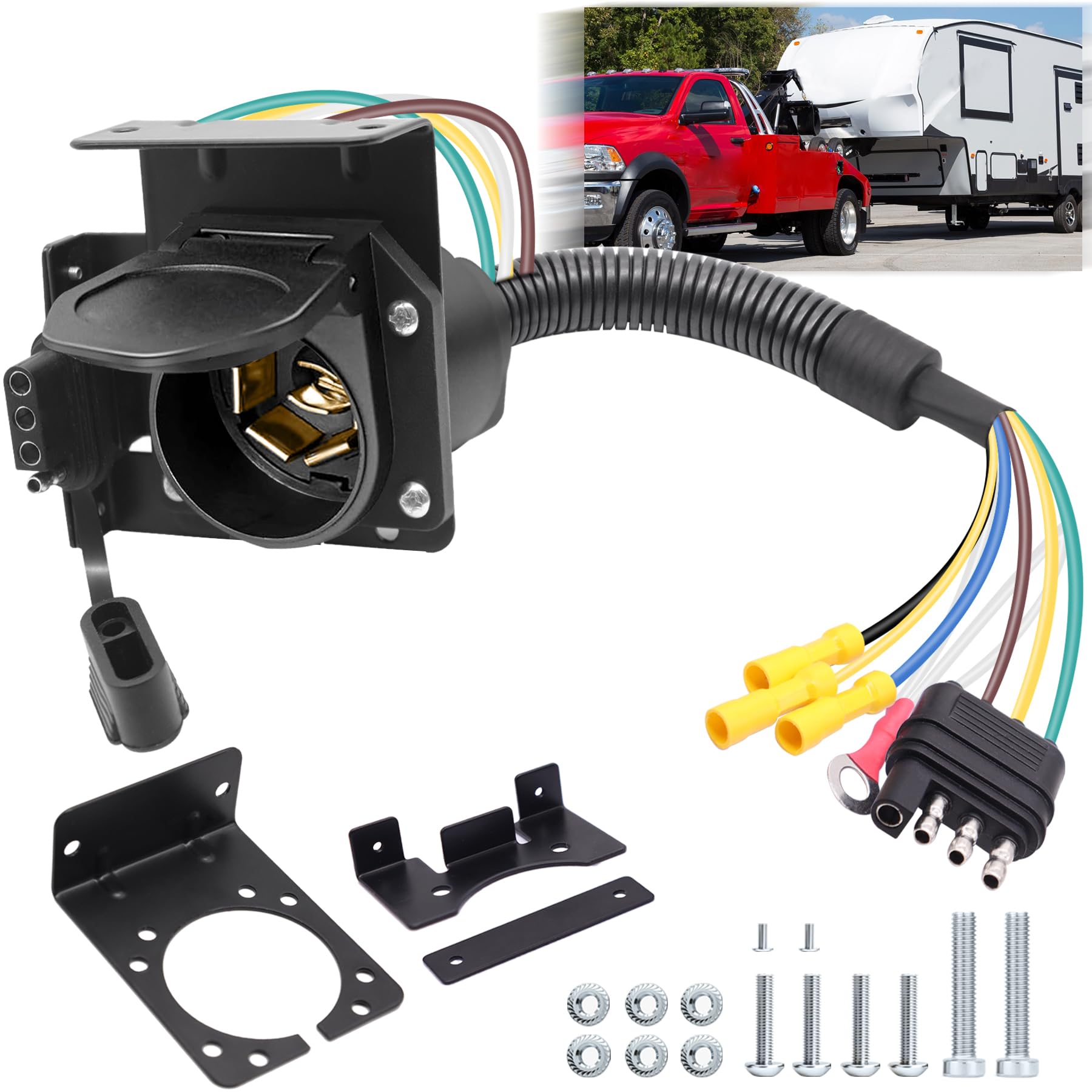 Photo 1 of 7 Pin Trailer Connector, 4 to 7 Pin Trailer Plug, 4-Way Flat to 7-Way RV Blade and 4-Way Flat Female End Trailer Socket Wiring Adapter Connector Kit, 7 and 4 pin Trailer Connector, 7 Way Trailer Plug