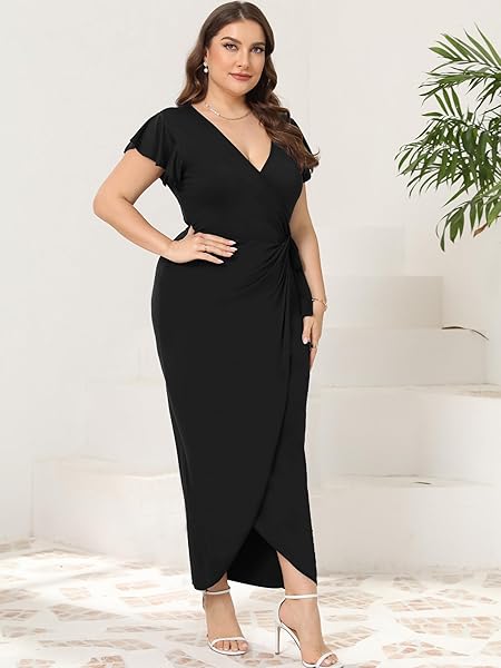 2025 WOMENS DEEP CROSS V NECK RUFFLE SLEEVE TULIP HEM PLUS SIZE WORK COCKTAIL PARTY ELEGANT RUCHED LONG WRAP DRESS BLACK