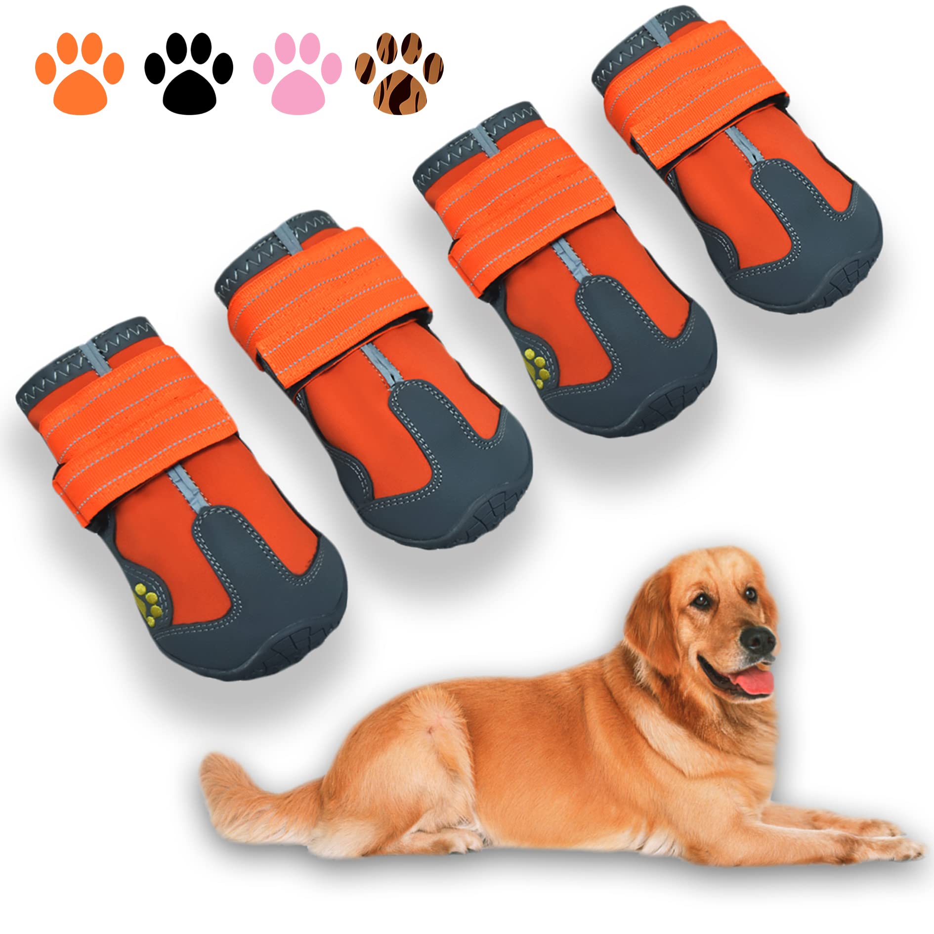 Photo 1 of XSY&G Dog Boots,Waterproof Dog Shoes,Dog Booties with Reflective Strips Rugged Anti-Slip Sole and Skid-Proof,Outdoor Dog Shoes for Medium Large Dogs 4Pcs Orange-Size 8