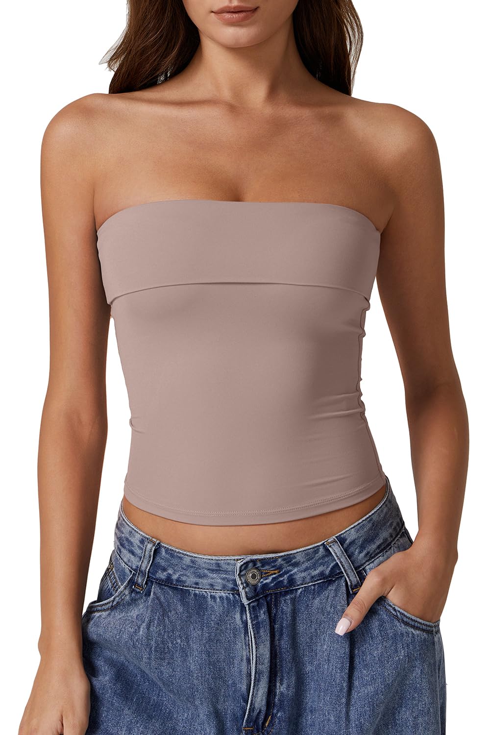 Photo 1 of QINSEN Foldover Tube Tops for Women Off Shoulder Strapless Crop Tops Going Out Bustier Tops Rose Taupe M