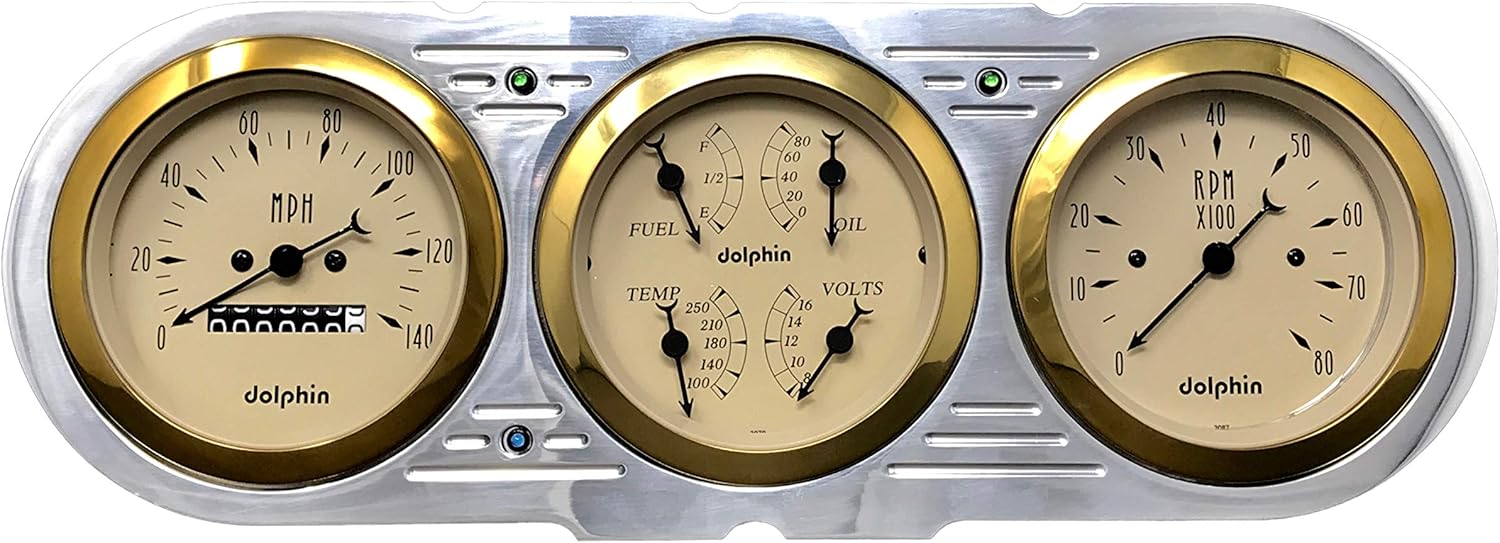 Dolphin Gauges 1963 1964 1965 Nova 3 Gauge Quad Style Mechanical Dash Panel Insert Gold Bezel