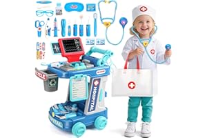 FAJIABAO Doctor Kit for Toddlers 3-5 Fun Kids Doctor Play Set for 2 3 4 5 Year Old Girls Boys Dress Up Toys with Cart Costume and Stethoscope Dentist Vet Toddler Pretend Play Toys for Christmas Birthday Gifts