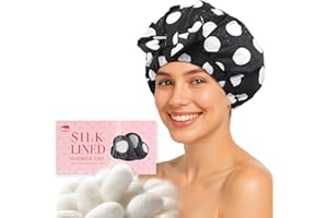 LitBear Luxury Silk Lined Shower Caps for Women Reusable Waterproof, Double Layered Large Bathing Hair Cap with Adjustable Elastic Strap, Non-slip, Quick-dry, for Long Short Hair, Black Dots