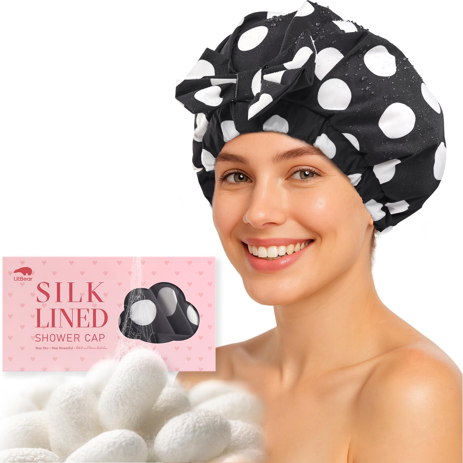 Photo 1 of LitBear Luxury Silk Lined Shower Caps for Women Reusable Waterproof, Double Layered Large Bathing Hair Cap with Adjustable Elastic Strap, Non-slip, Quick-dry, for Long Short Hair, Black Dots