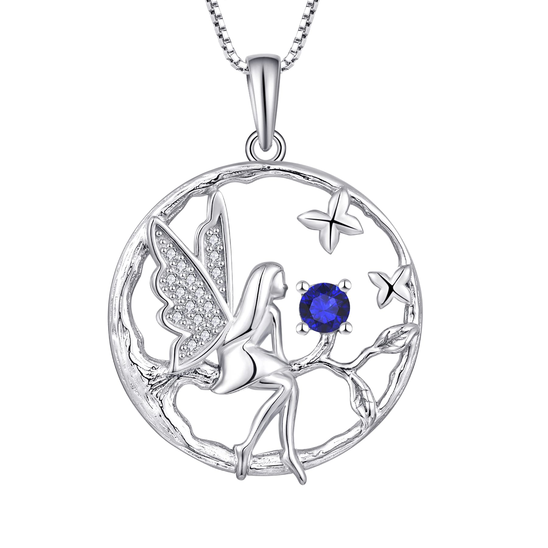 FJ Guardian Angel Necklace 925 Sterling Silver Tree of Life Pendant Fairy Necklace Sapphire September Birthstone Jewellery for Women