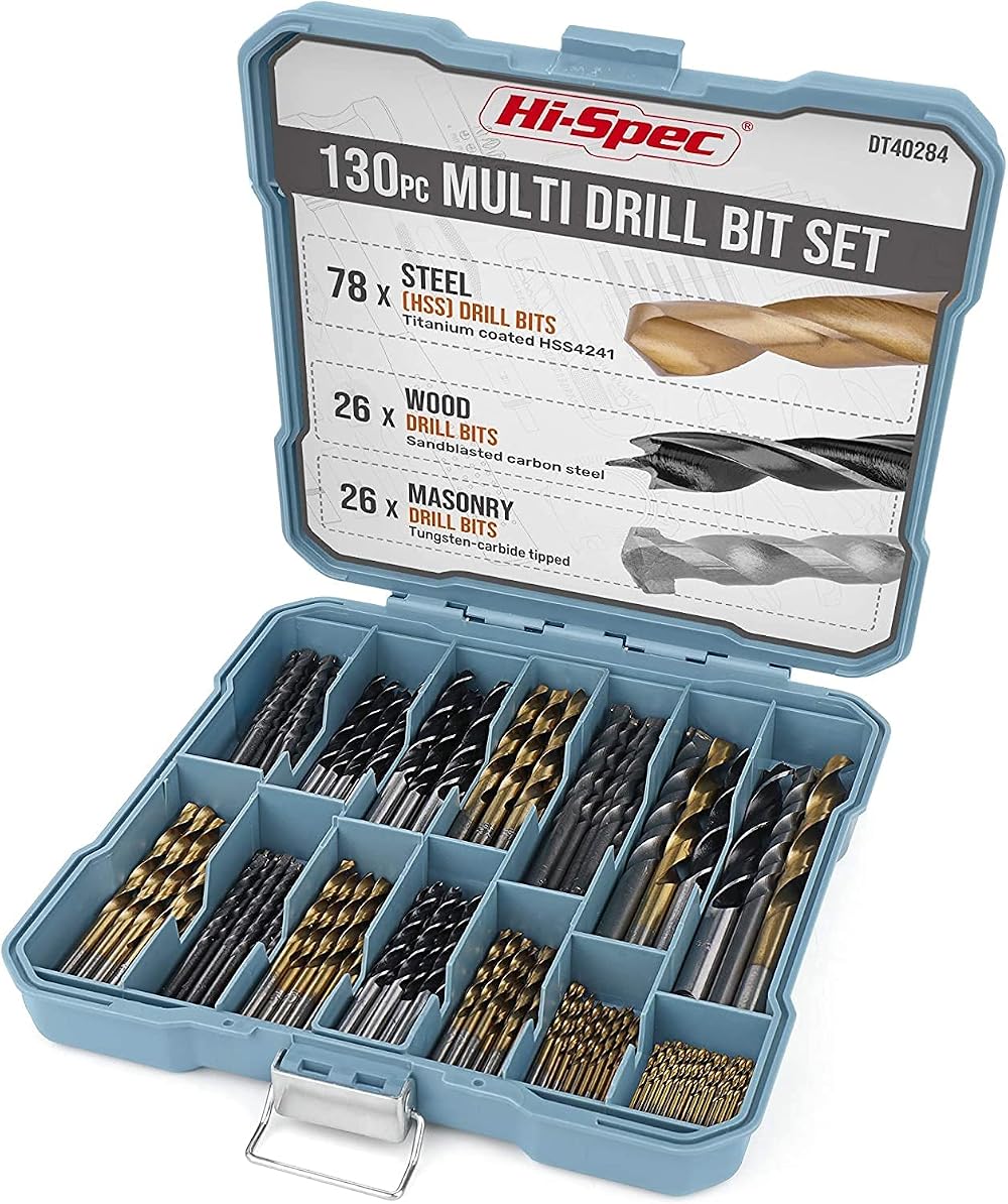 Hi-Spec 130pc Mixed Drill Bit Set HSS Titanium Masons Brad Point Box Case