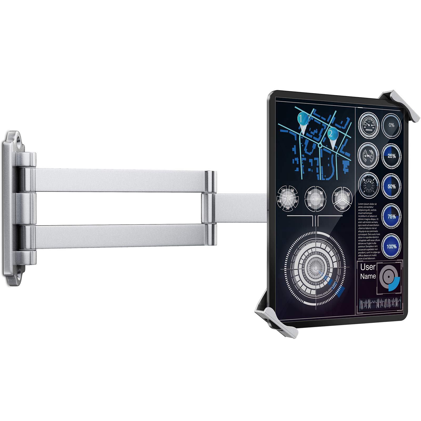 AboveTEK Tablet Wall Mount - Fits 7 to 11 Inch Tablets Including Pad, Galaxy Tab, Slate, Fire and More -Anti Theft Security Lock and Key - Adjustable Long Arm Articulating Swivel Holder - Silver